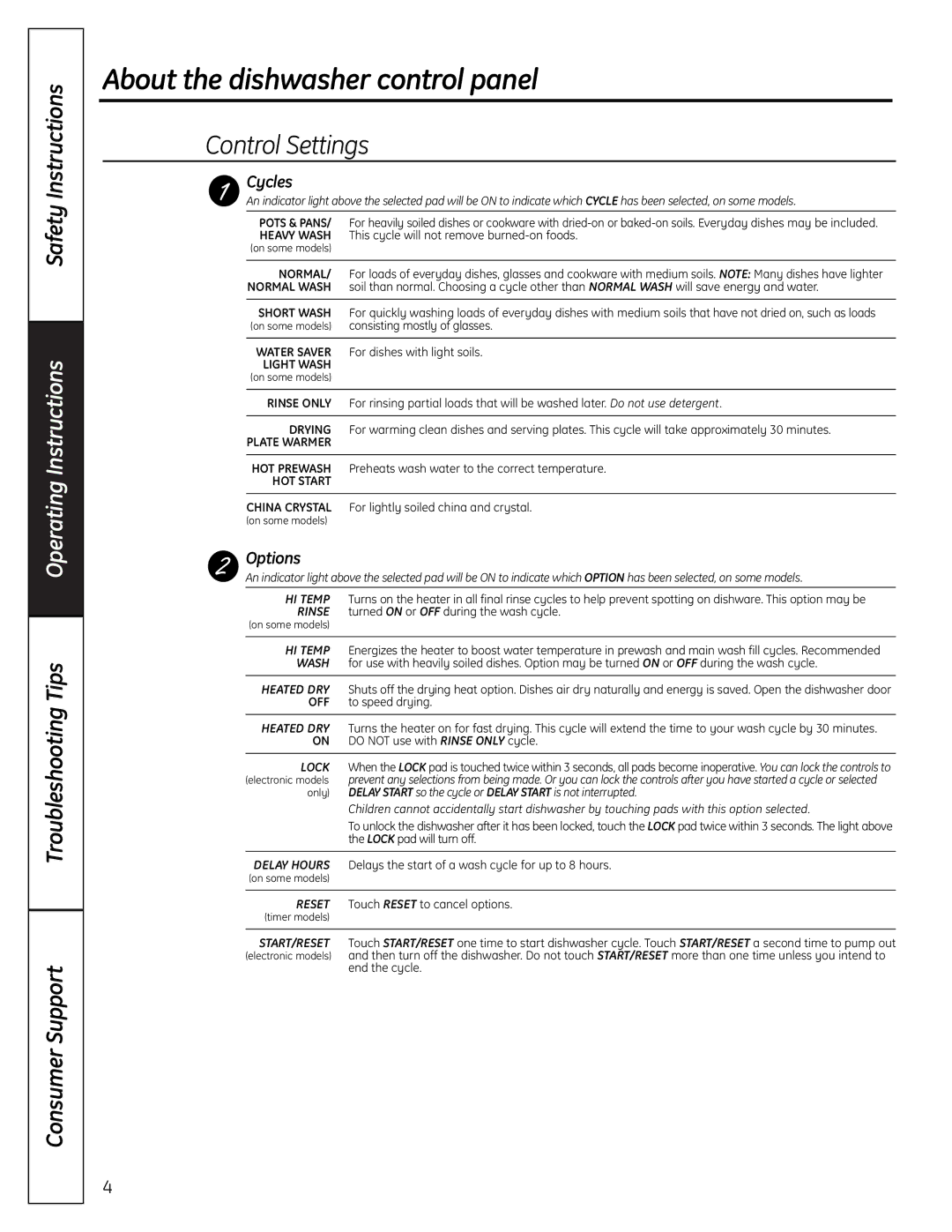 GE GSM2000, GHDA300, GSD3000, ADW1000 manual About the dishwasher control panel, Cycles, Options 