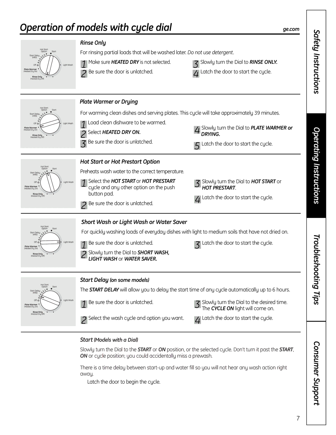 GE ADW1000 Operation of models with cycle dialge.com, Rinse Only, Plate Warmer or Drying, Hot Start or Hot Prestart Option 