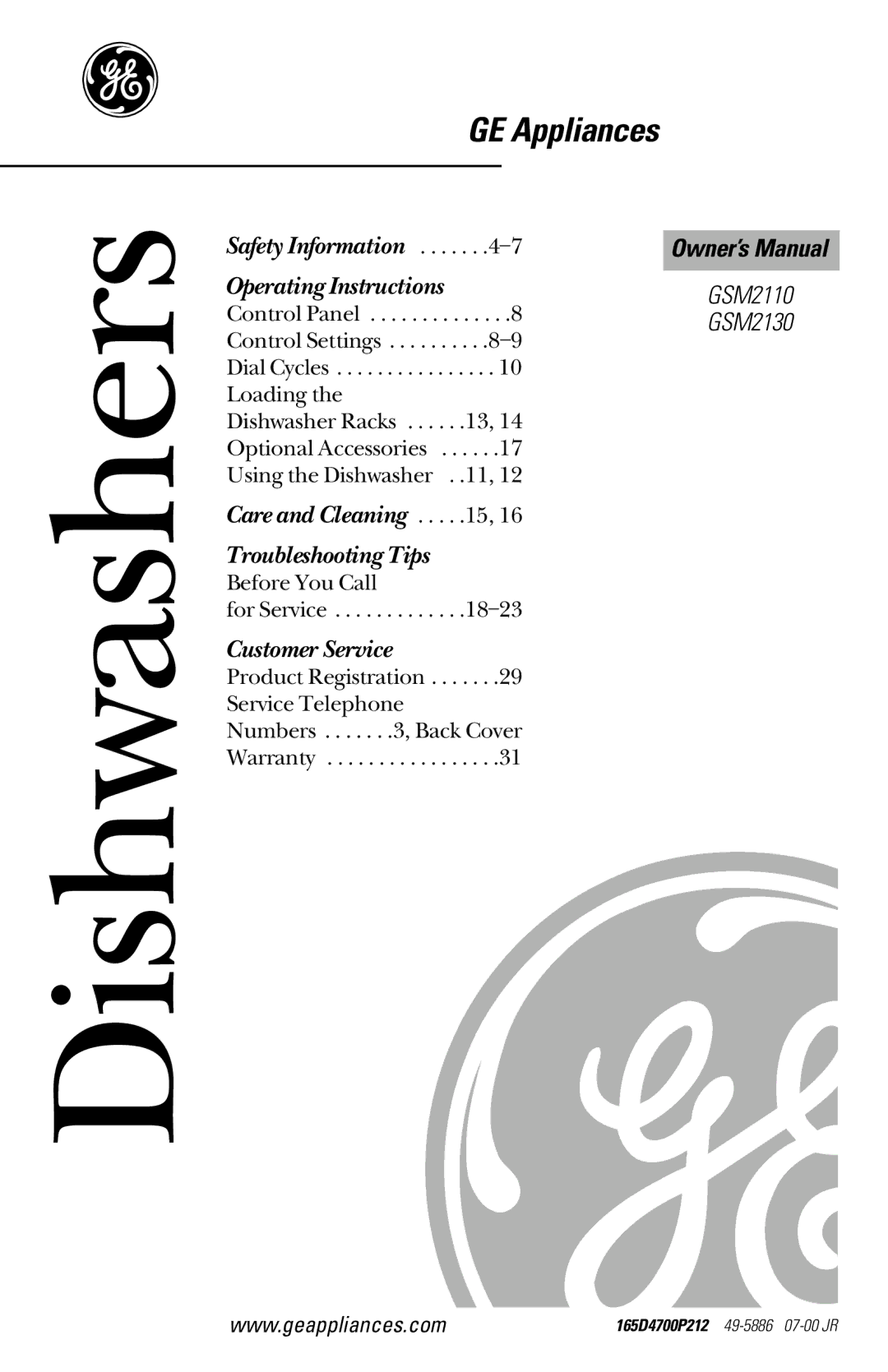 GE GSM2110, GSM2130 owner manual Dishwashers 