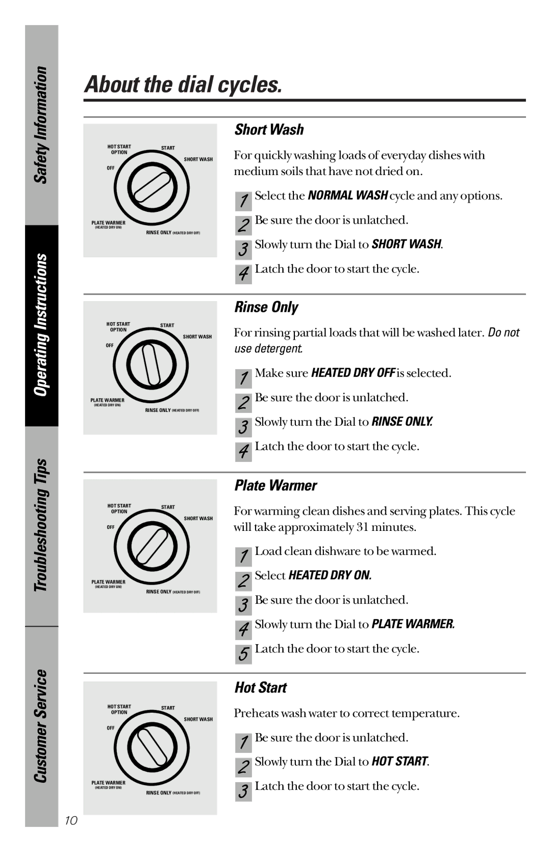 GE GSM2130, GSM2110 owner manual About the dial cycles, Short Wash, Rinse Only, Plate Warmer, Hot Start 