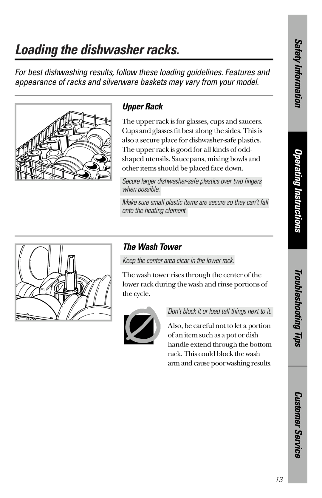 GE GSM2110, GSM2130 owner manual Loading the dishwasher racks, Upper Rack, Wash Tower 