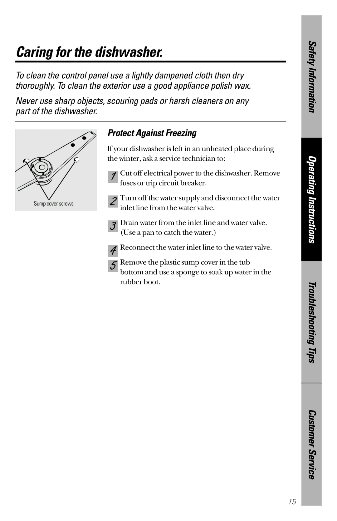 GE GSM2110, GSM2130 owner manual Caring for the dishwasher, Protect Against Freezing 