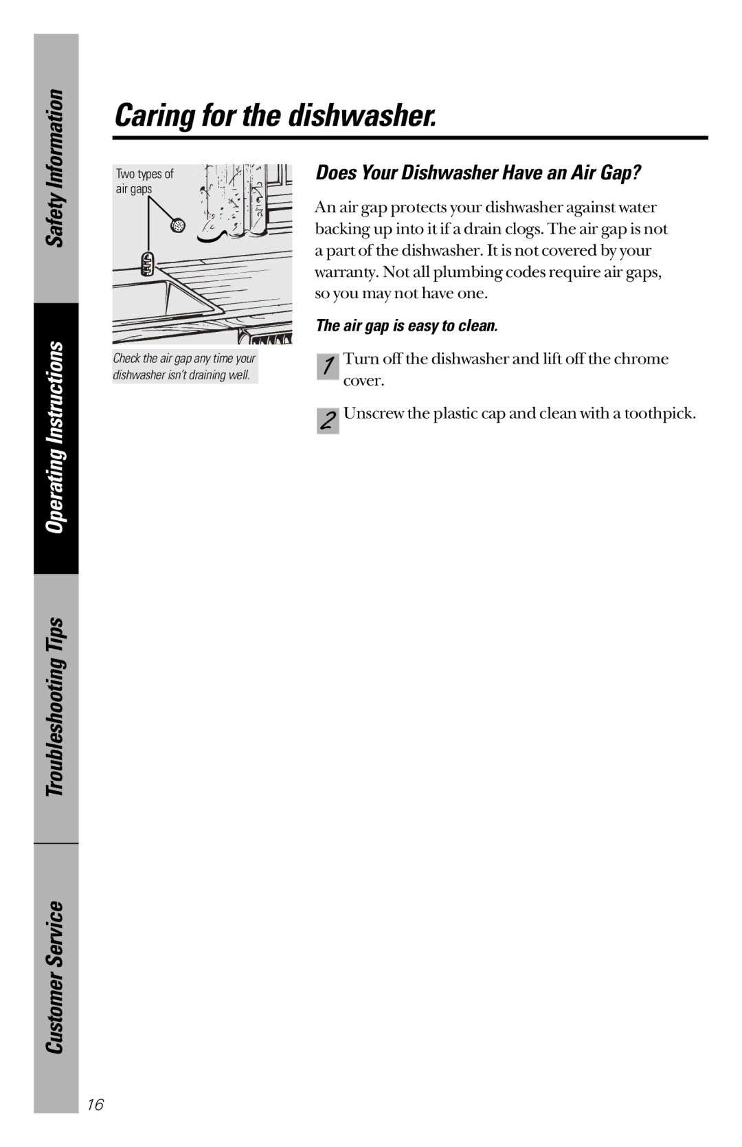 GE GSM2130, GSM2110 owner manual Does Your Dishwasher Have an Air Gap?, Air gap is easy to clean 