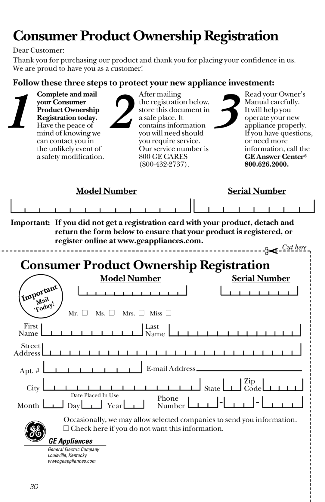 GE GSM2130, GSM2110 owner manual Consumer Product Ownership Registration, GE Appliances 