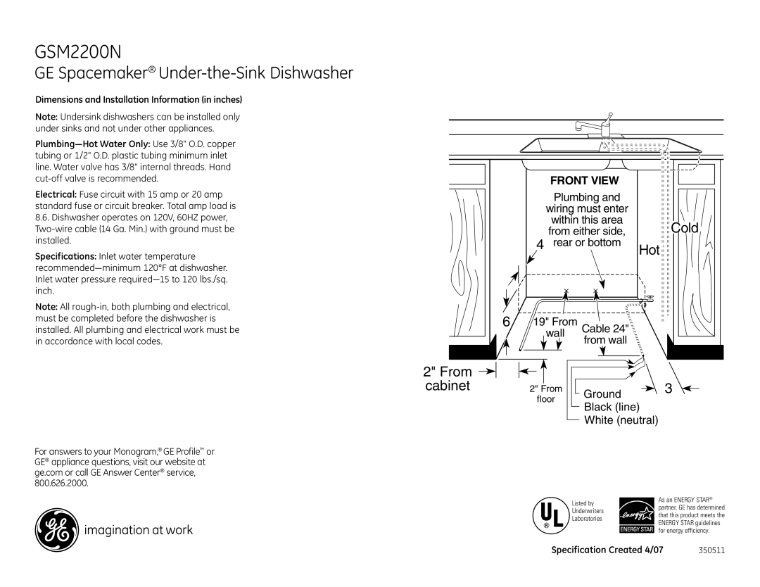 GE GSM2200N dimensions Specification Created 4/07 