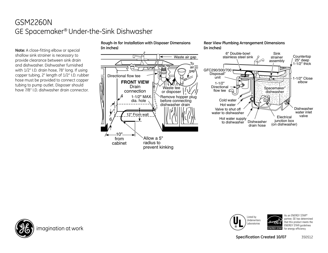 GE GSM2260NSS dimensions Rough-In for Installation with Disposer Dimensions, Inches 