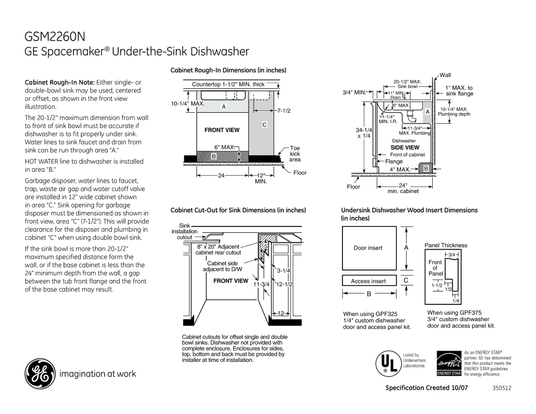 GE GSM2260NSS dimensions Cabinet Rough-In Dimensions in inches, Cabinet Cut-Out for Sink Dimensions in inches 