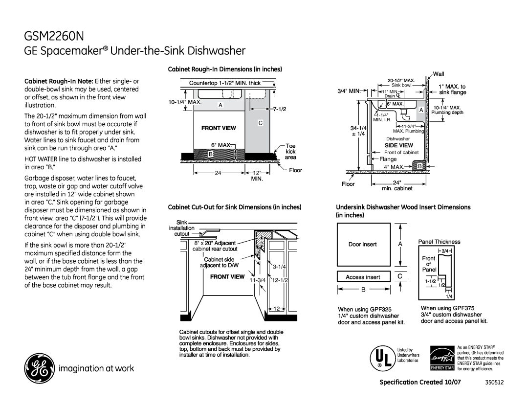 GE GSM2260NSS GE Spacemaker Under-the-SinkDishwasher, Cabinet Rough-InDimensions in inches, Specification Created 10/07 