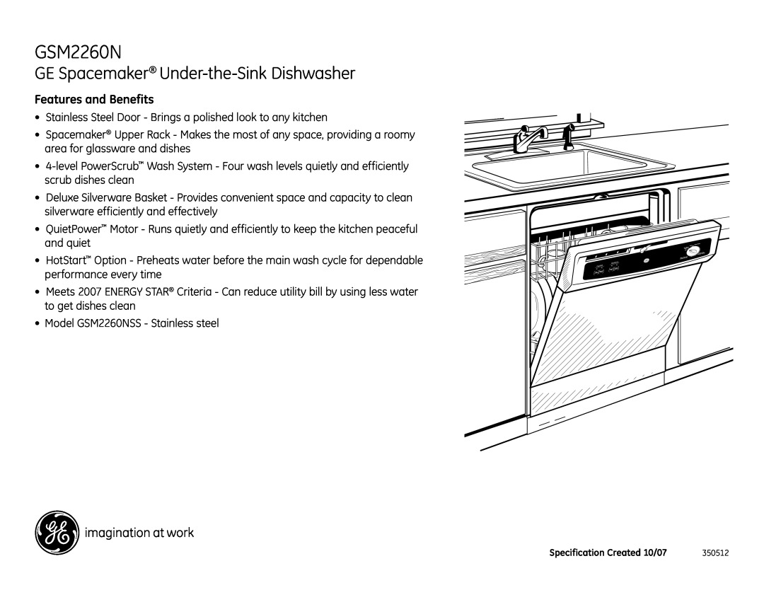 GE GSM2260NSS dimensions GE Spacemaker Under-the-SinkDishwasher, Features and Benefits 