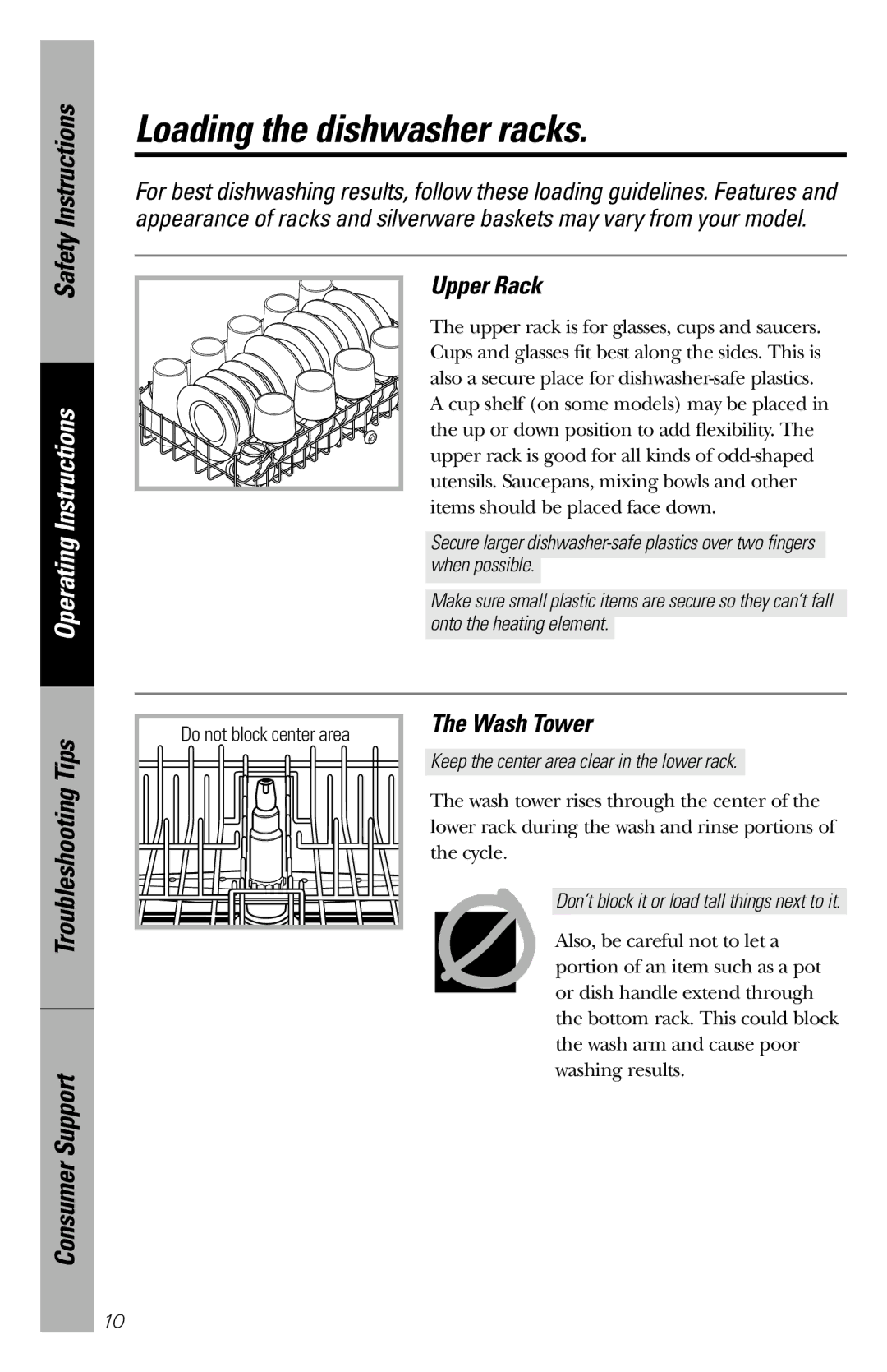 GE GSS1800 owner manual Loading the dishwasher racks, Upper Rack, Wash Tower, Troubleshooting Tips 