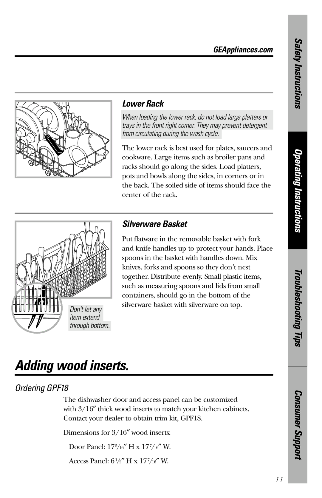 GE GSS1800 owner manual Adding wood inserts, Lower Rack, Silverware Basket, Troubleshooting Tips 