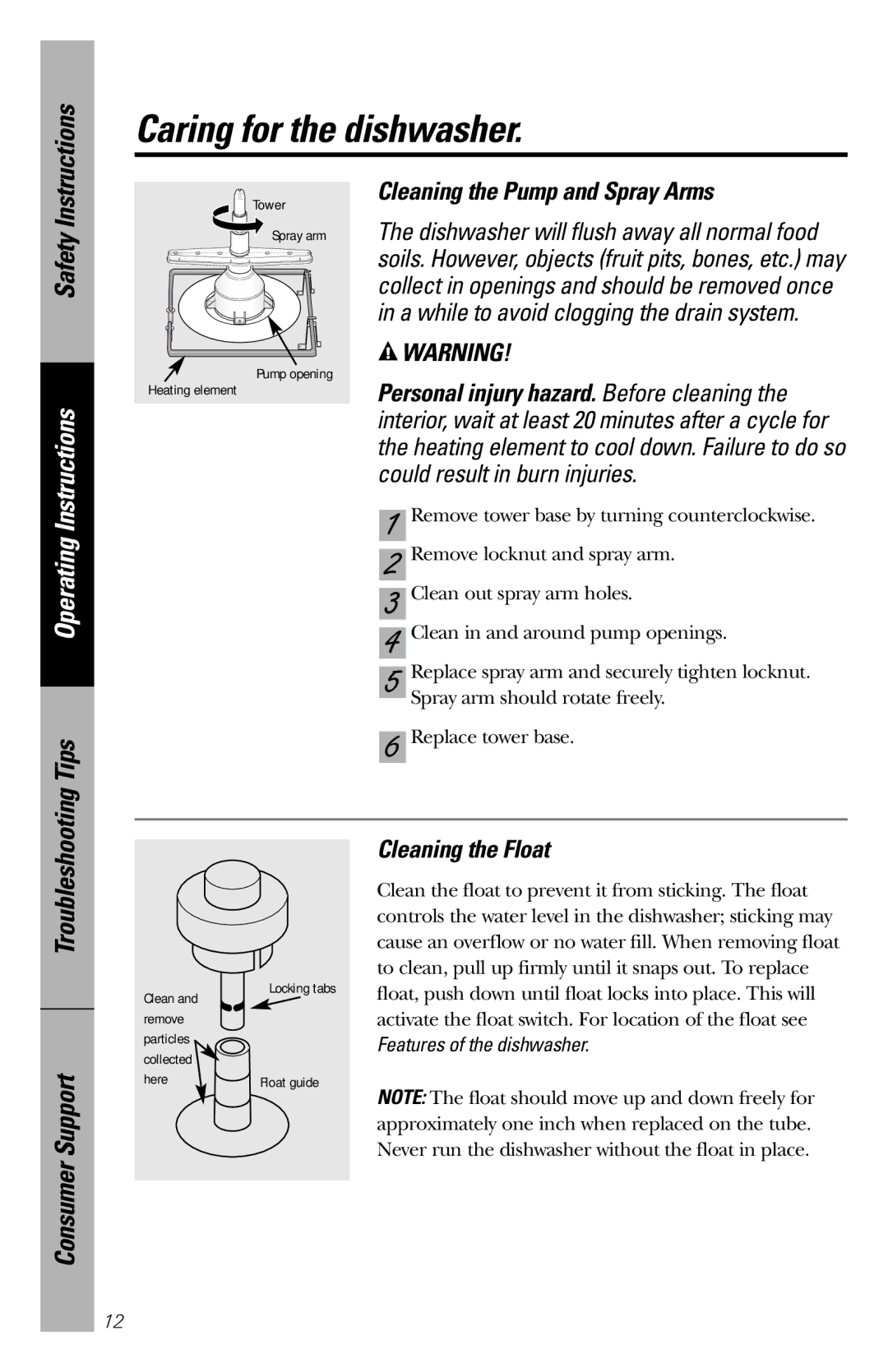 GE GSS1800 owner manual Caring for the dishwasher, Cleaning the Pump and Spray Arms, Cleaning the Float 