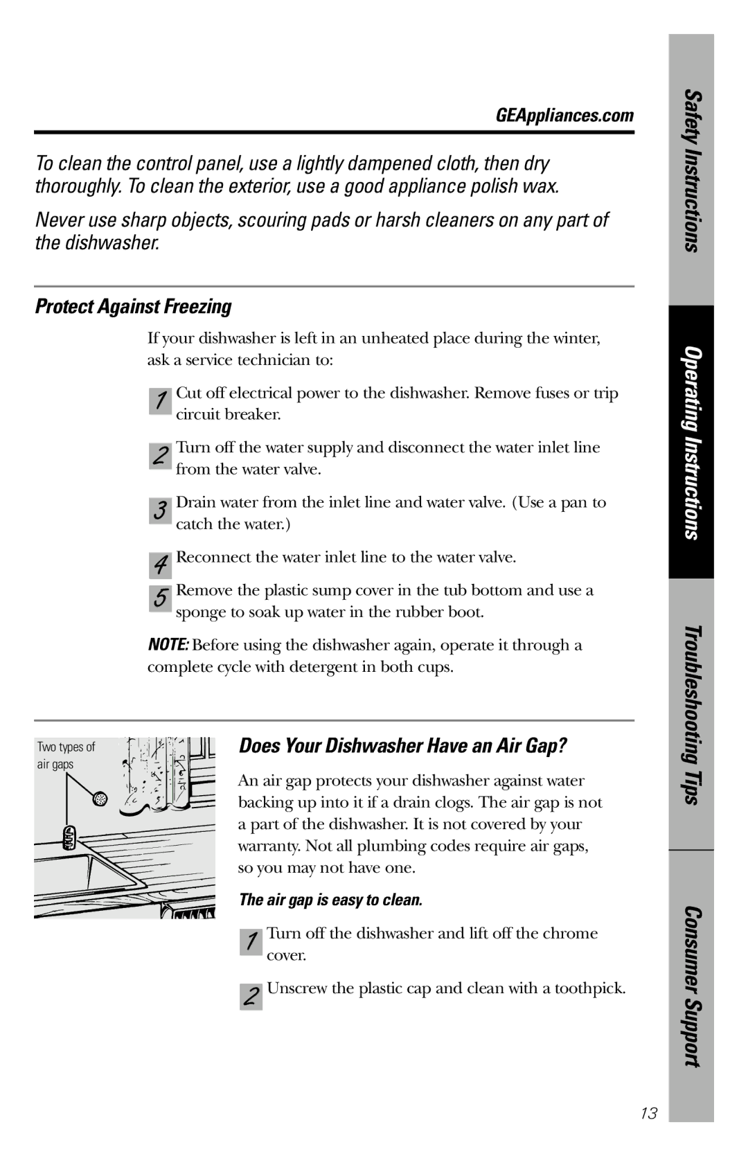 GE GSS1800 owner manual Protect Against Freezing, Air gap is easy to clean 