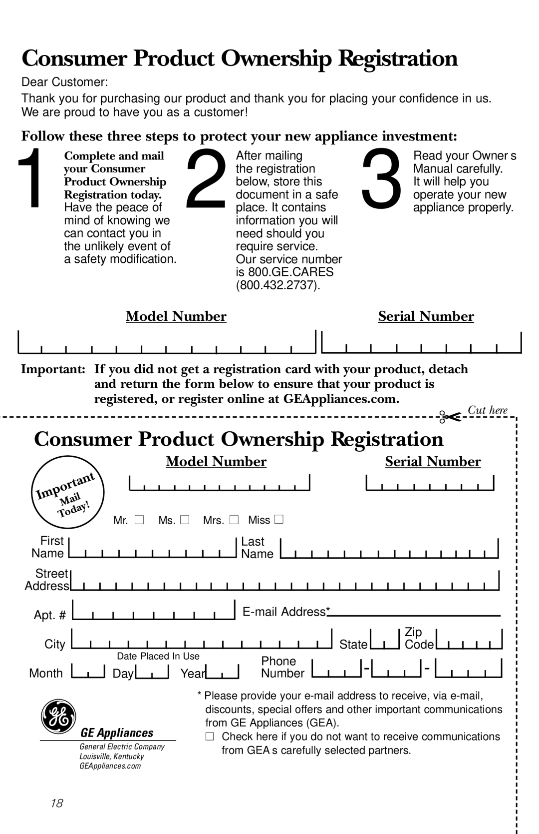 GE GSS1800 owner manual Complete and mail, Your Consumer, Product Ownership, Registration today, GE Appliances 