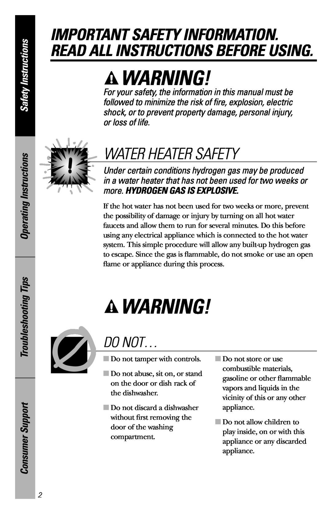 GE GSS1800 owner manual Water Heater Safety, Do Not…, Safety Instructions, Operating Instructions Troubleshooting Tips 
