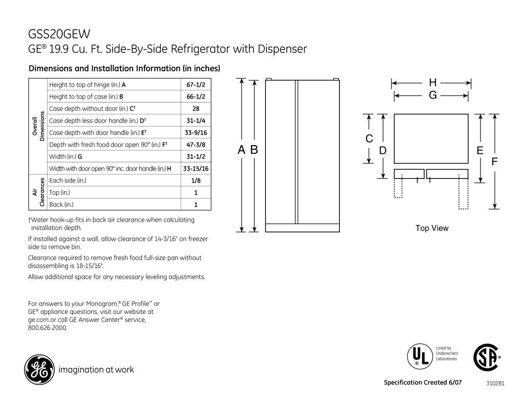 GE GSS20GEW dimensions GE 19.9 Cu. Ft. Side-By-Side Refrigerator with Dispenser 