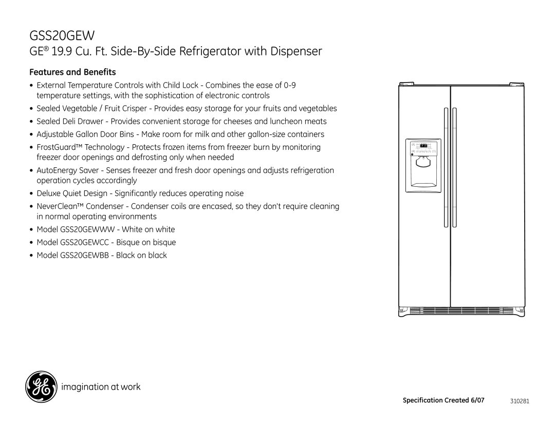 GE GSS20GEW dimensions Features and Benefits 