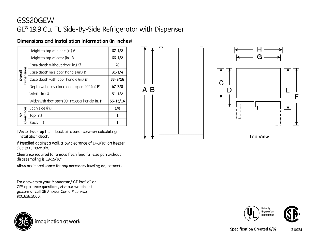 GE GSS20GEWBB, GSS20GEWWW, 310281 dimensions Dimensions and Installation Information in inches, H G C 