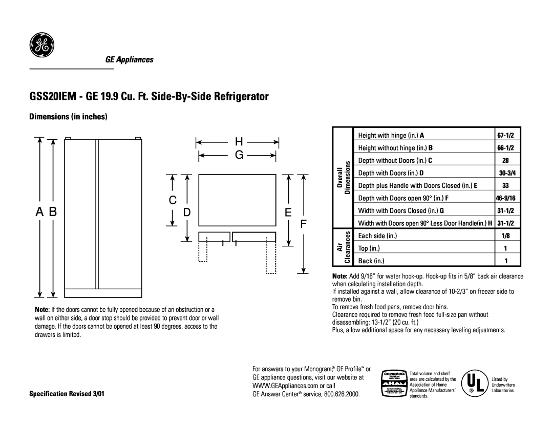 GE GSS20IEMCC, GSS20IEMWH, GSS20IEMWW dimensions GE Appliances, Dimensions in inches, Top View 