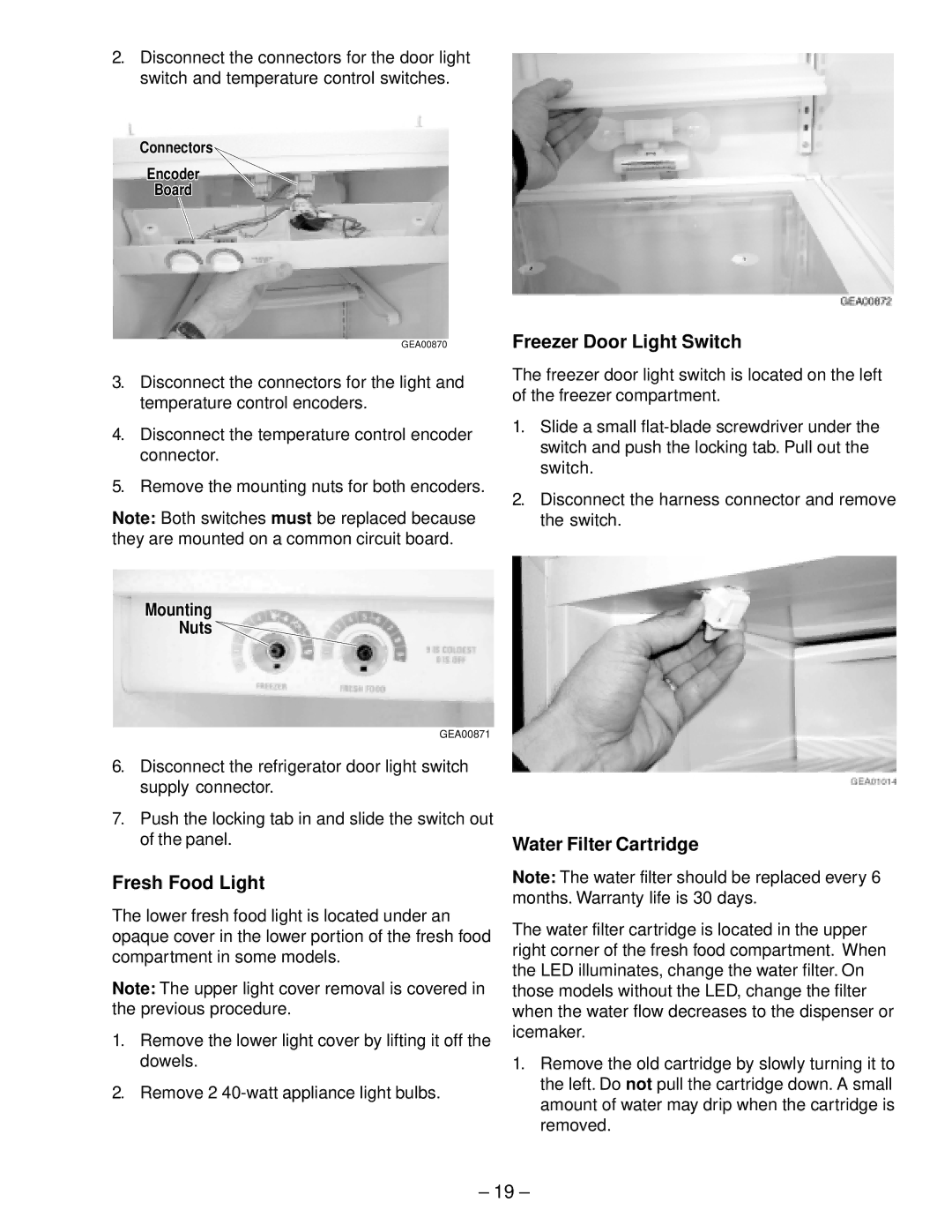 GE HSS25, GSS22, GSS20, GSS25, ESS25, ESS22, HSS22, SSS25 manual Fresh Food Light, Water Filter Cartridge 