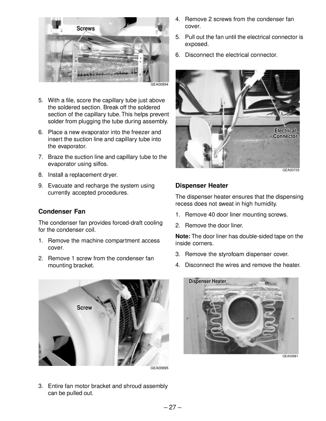 GE HSS25, GSS22, GSS20, GSS25, ESS25, ESS22, HSS22, SSS25 manual Condenser Fan, Dispenser Heater 