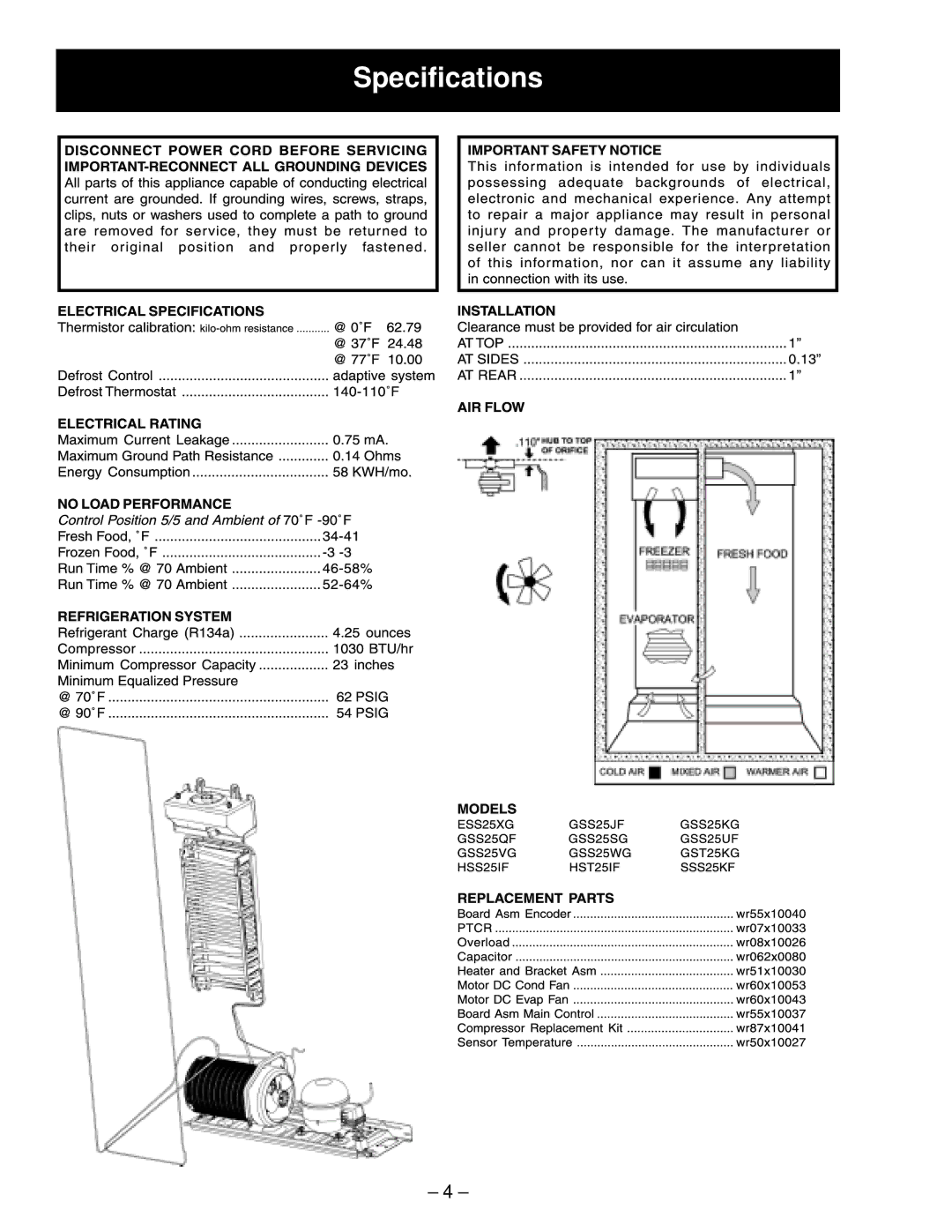 GE HSS22, GSS22, GSS20, GSS25, ESS25, ESS22, HSS25, SSS25 manual Specifications 