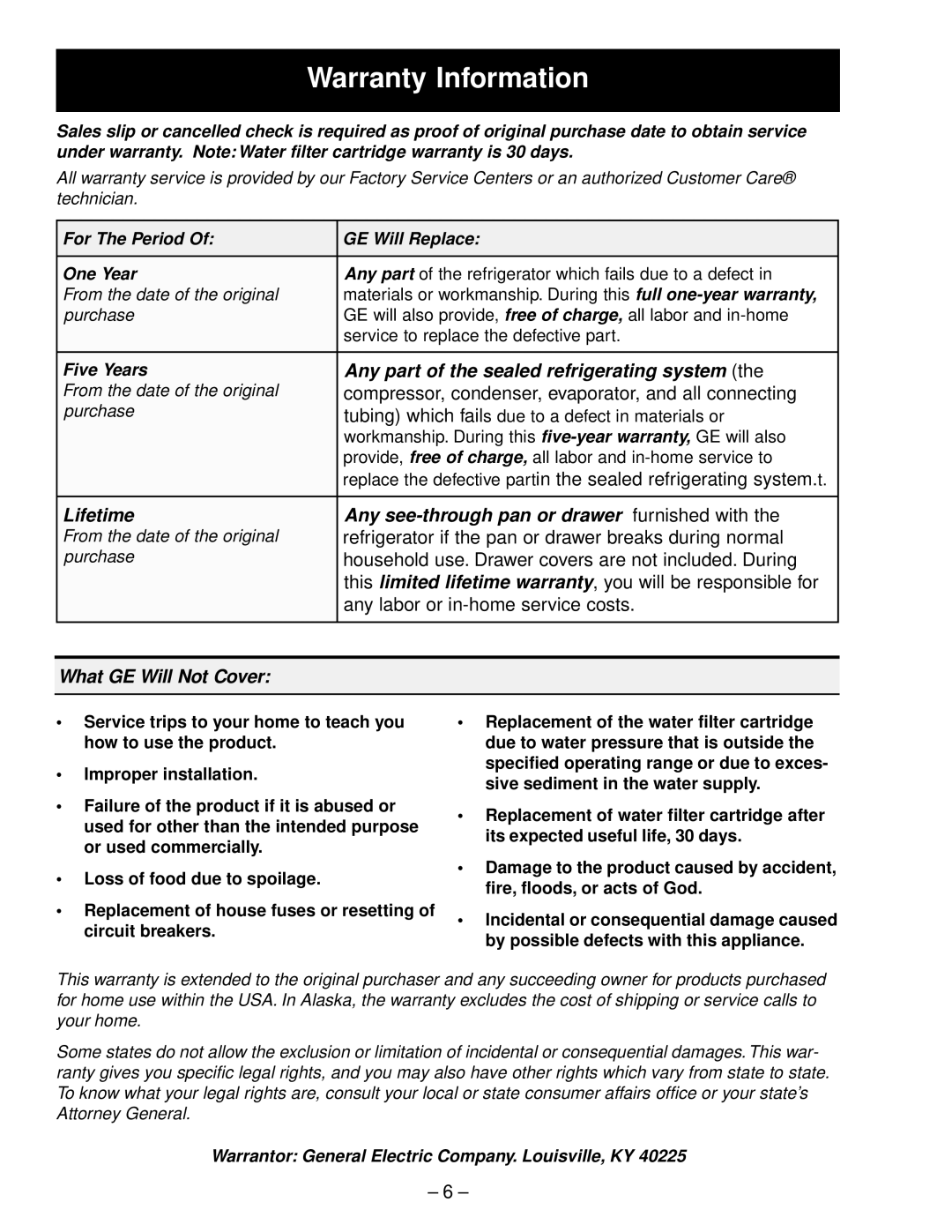 GE GSS22, GSS20, GSS25, ESS25, ESS22, HSS25, HSS22, SSS25 manual Warranty Information, For The Period GE Will Replace One Year 