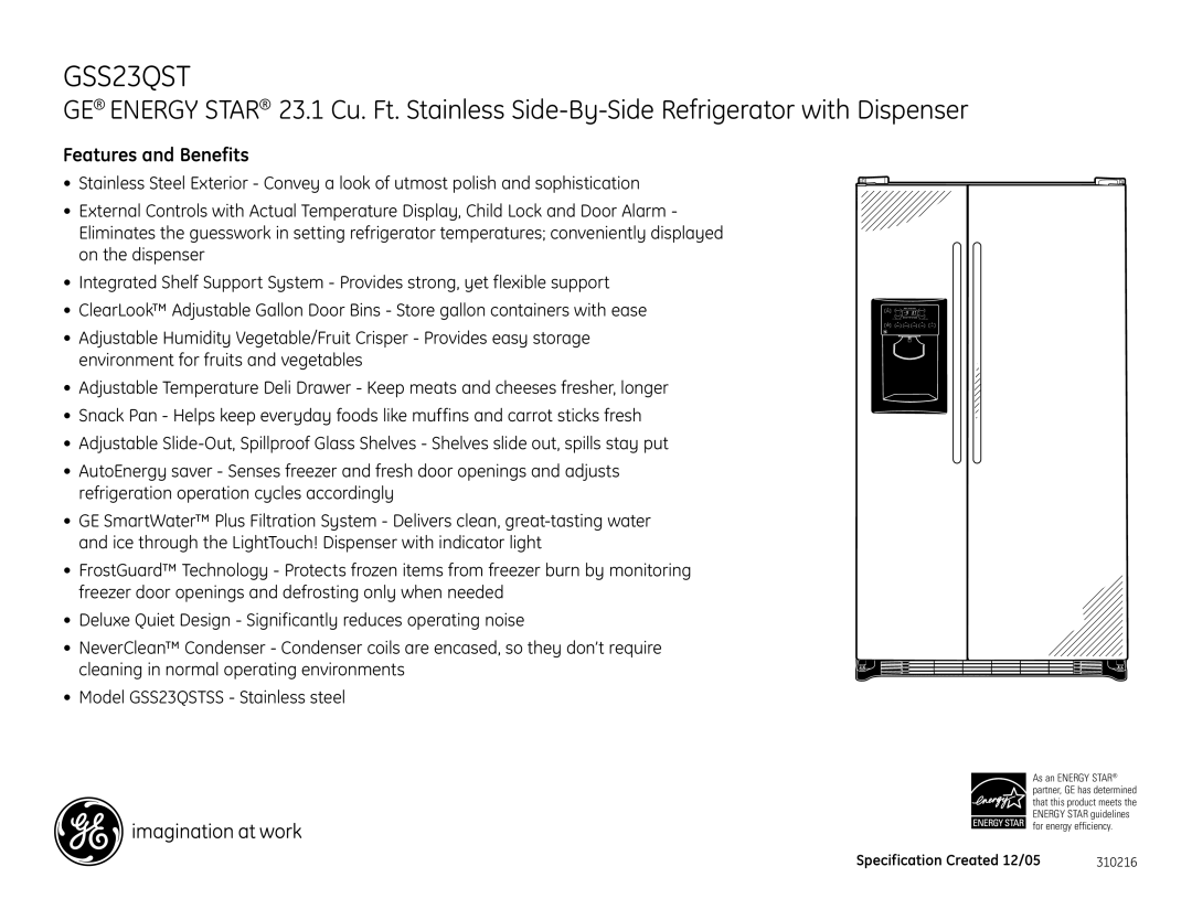 GE GSS23QSTSS dimensions Features and Benefits 