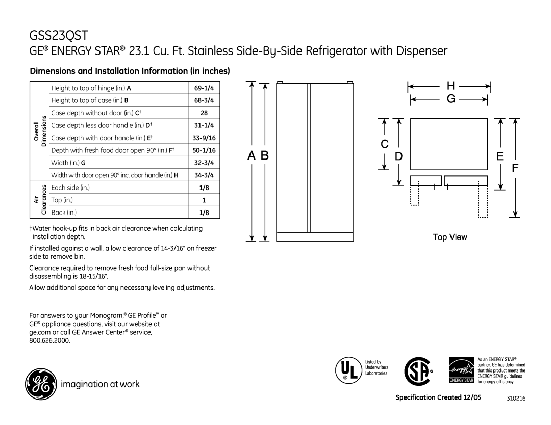 GE GSS23QSTSS dimensions Dimensions and Installation Information in inches, G C D, Top View 