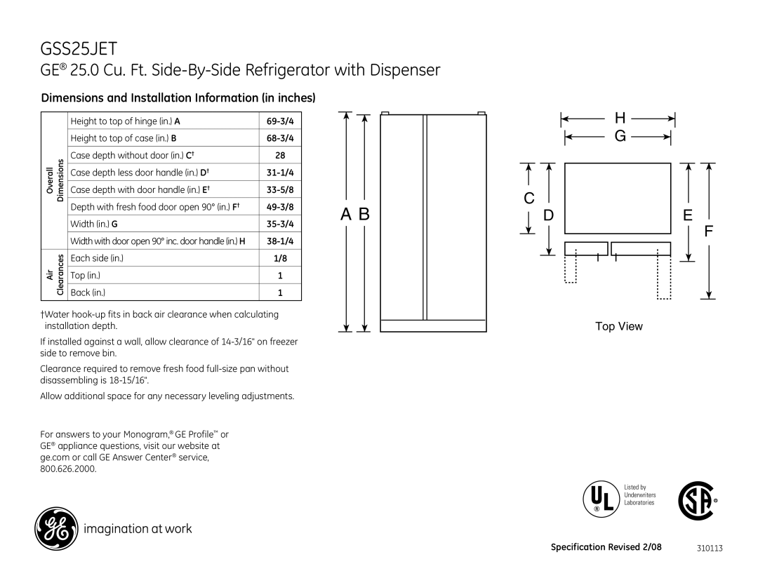 GE GSS25JETBB dimensions GE 25.0 Cu. Ft. Side-By-Side Refrigerator with Dispenser 