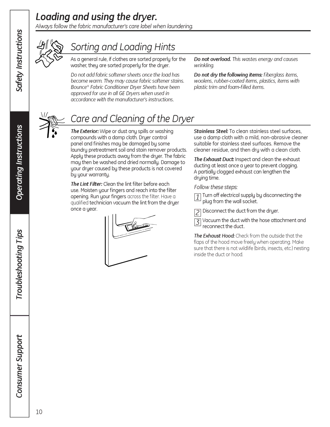 GE 234D1157P002 Loading and using the dryer, Sorting and Loading Hints, Care and Cleaning of the Dryer, Instructions 