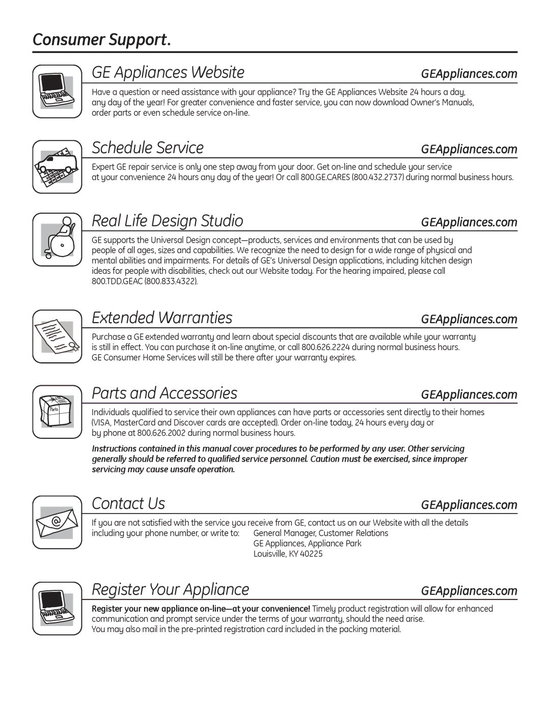 GE GTDX180EDWW Consumer Support GE Appliances Website, Schedule Service, Real Life Design Studio, Extended Warranties 