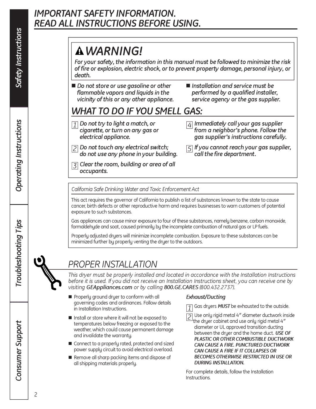 GE GTDP220GFWW, GTDL200GMWW, GTDX180GDWW, GTDX400EDWS What to do if yOu SMEll GAS, Troubleshooting Tips, Consumer Support 