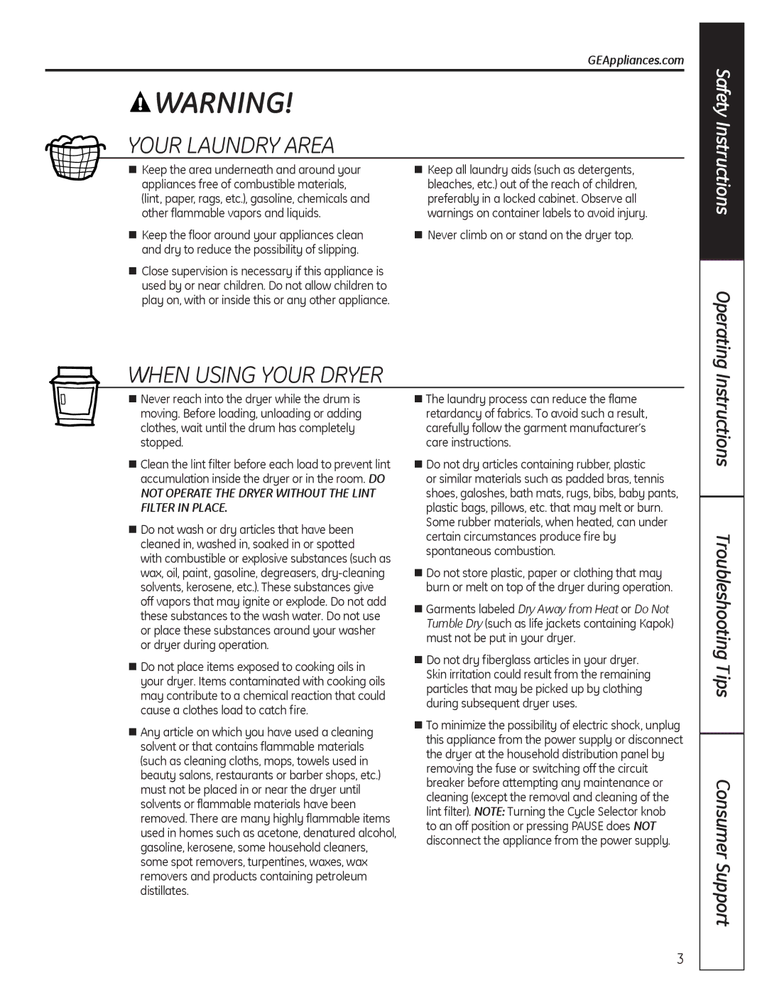 GE GTDX400EDWS, GTDL200GMWW, GTDX180GDWW, GTDP220GFWW Instructions Troubleshooting Tips Consumer Support, GEAppliances.com 