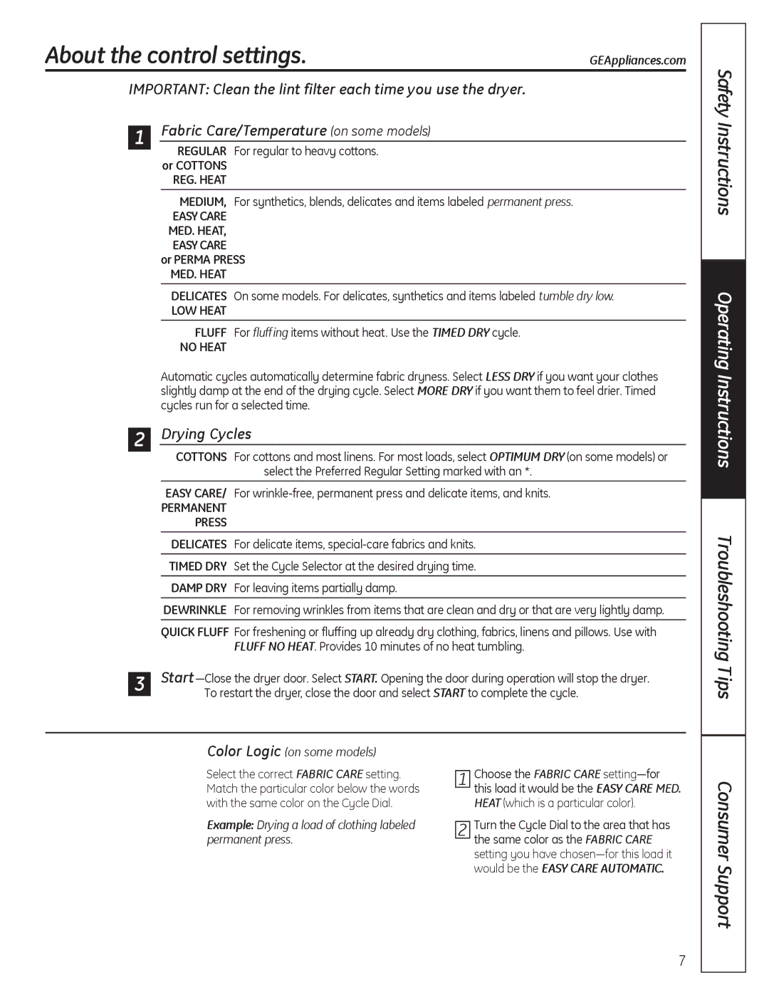 GE GTDX400GDWS, GTDL200GMWW About the control settings, Safety Instructions, Drying Cycles, Color logic on some models 