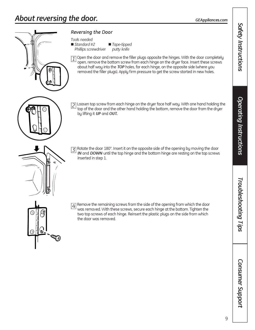 GE 49-90407 About reversing the door, Troubleshooting Tips Consumer Support, Reversing the Door, Tools needed Standard #2 