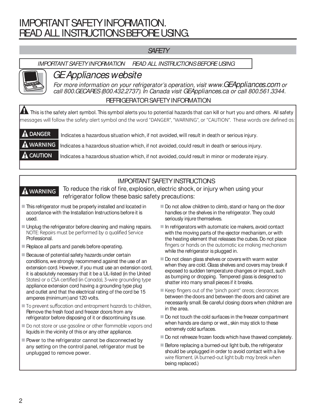 GE GTE18GTHBB, GTE18GTHWW installation instructions Refrigerator Safety Information, Important Safety Instructions 