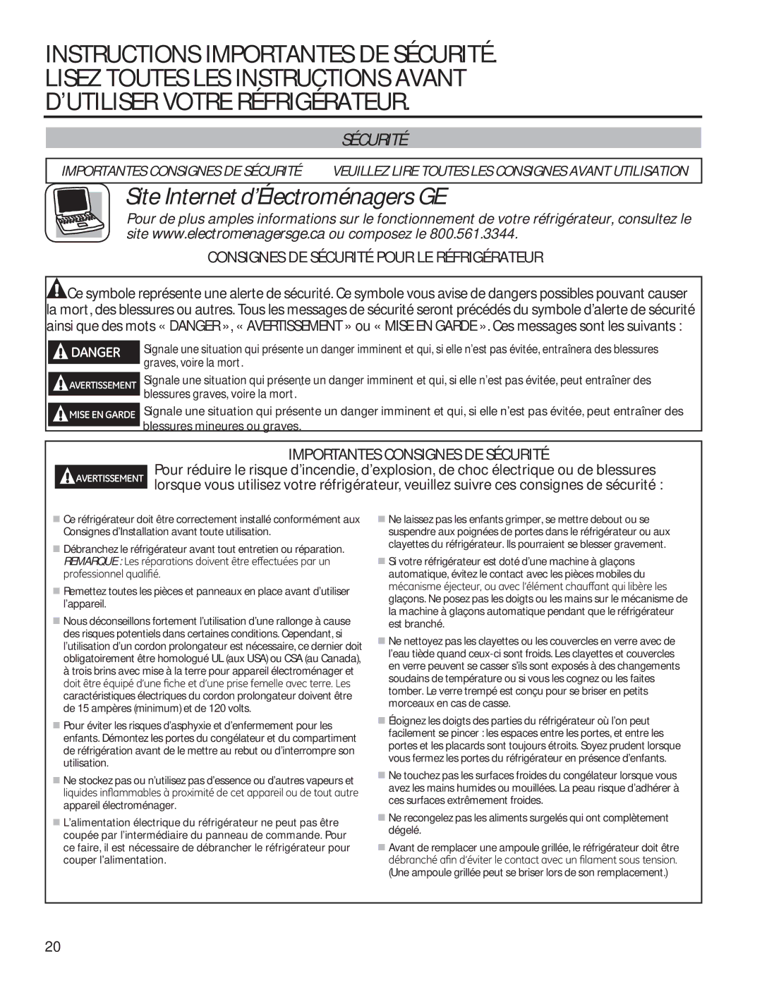 GE GTE18GTHBB, GTE18GTHWW Consignes DE Sécurité Pour LE Réfrigérateur, Importantes Consignes DE Sécurité 