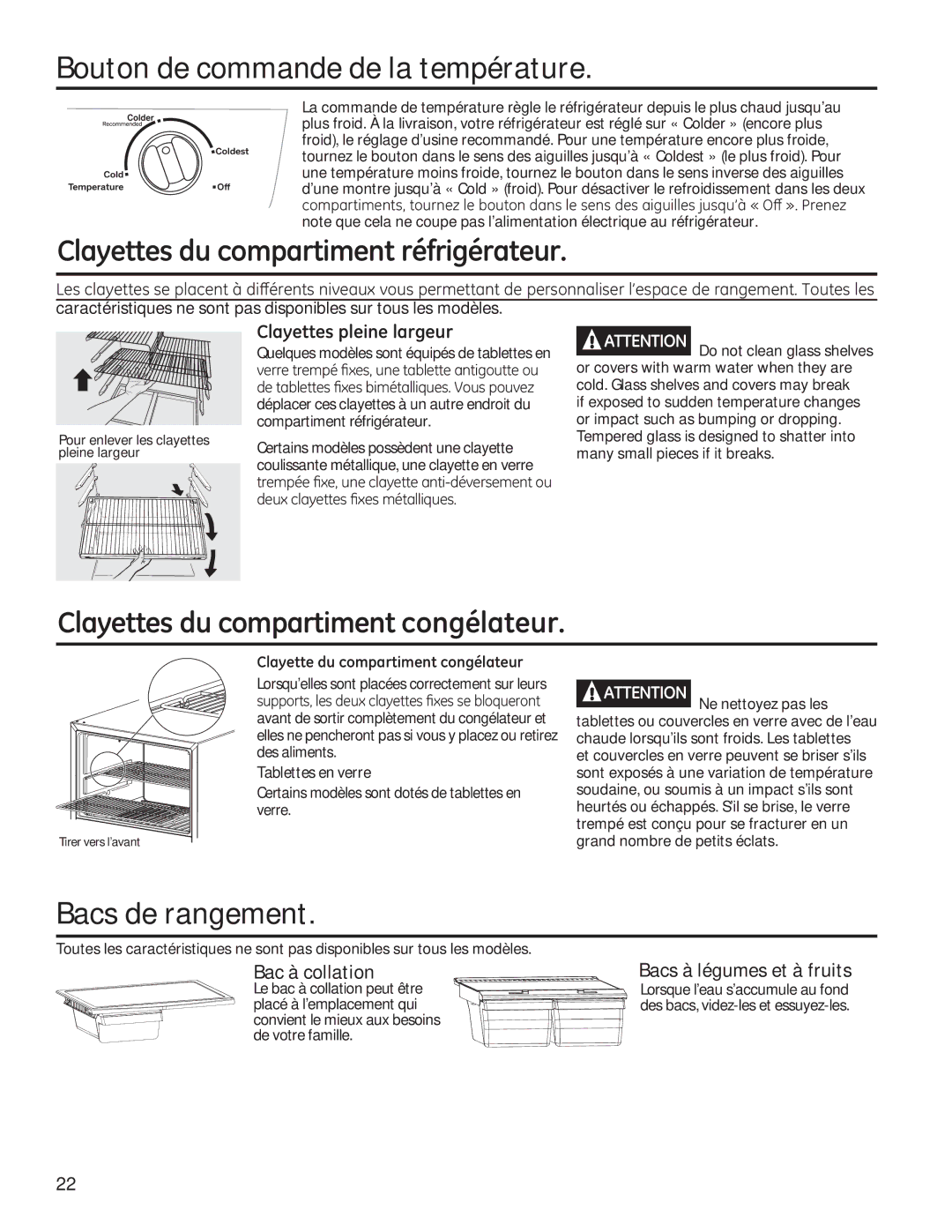 GE GTE18GTHBB, GTE18GTHWW Bouton de commande de la température, OD\HWWHVGXFRPSDUWLPHQWUpIULJpUDWHXU, Bacs de rangement 