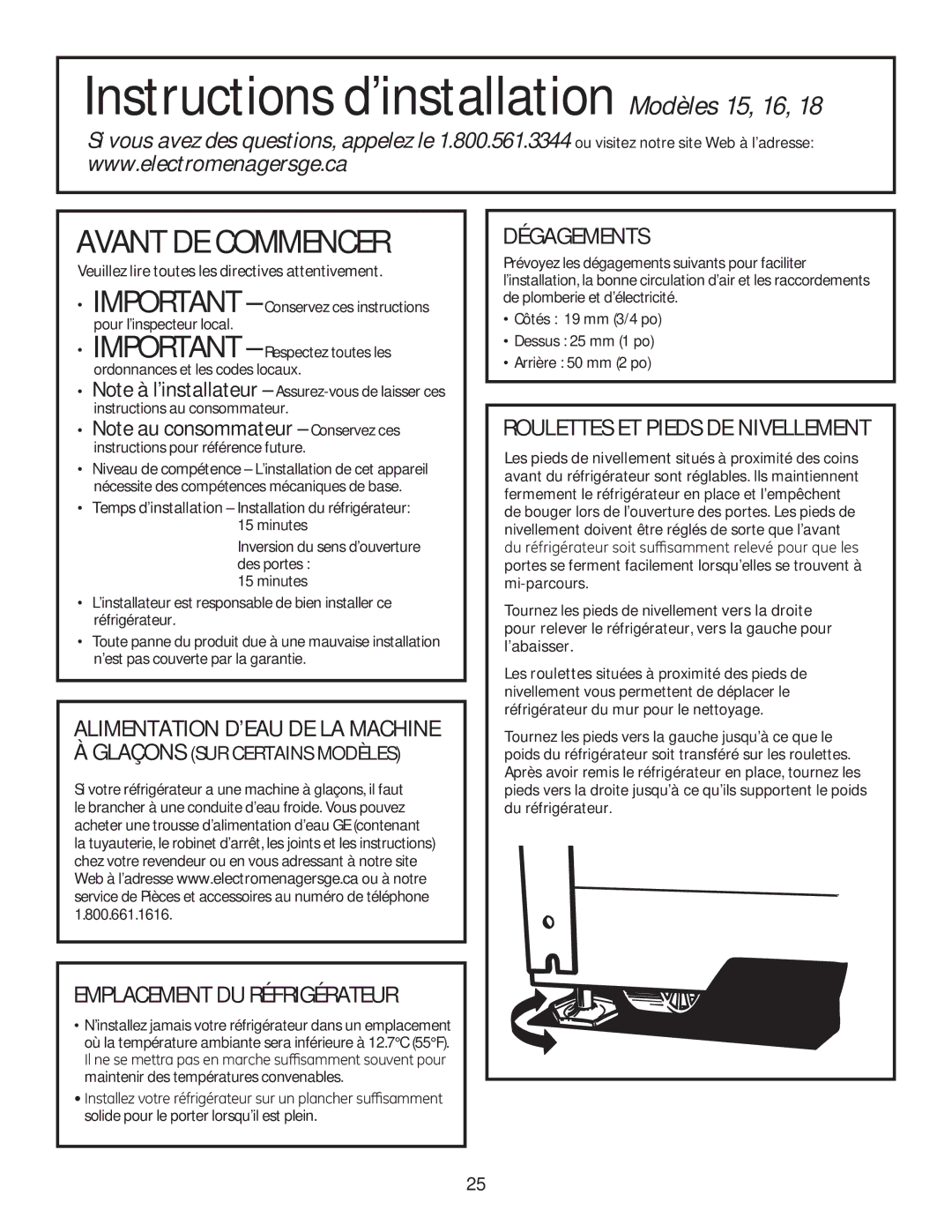 GE GTE18GTHWW, GTE18GTHBB Avant DE Commencer, Alimentation D’EAU DE LA Machine, Emplacement DU Réfrigérateur, Dégagements 