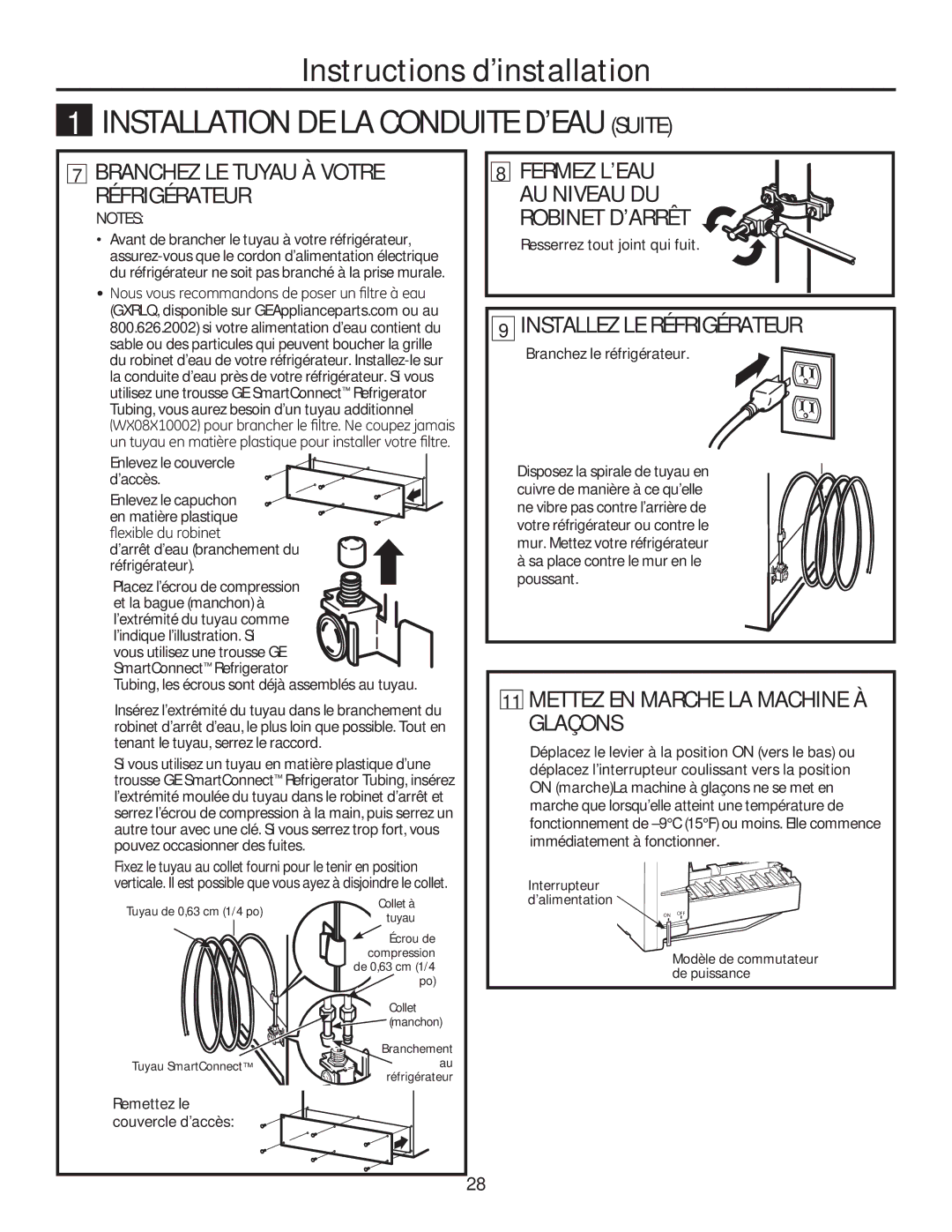 GE GTE18GTHBB, GTE18GTHWW installation instructions Fermez L’EAU, Installez LE Réfrigérateur, ÀhleohGxUrelqhw 