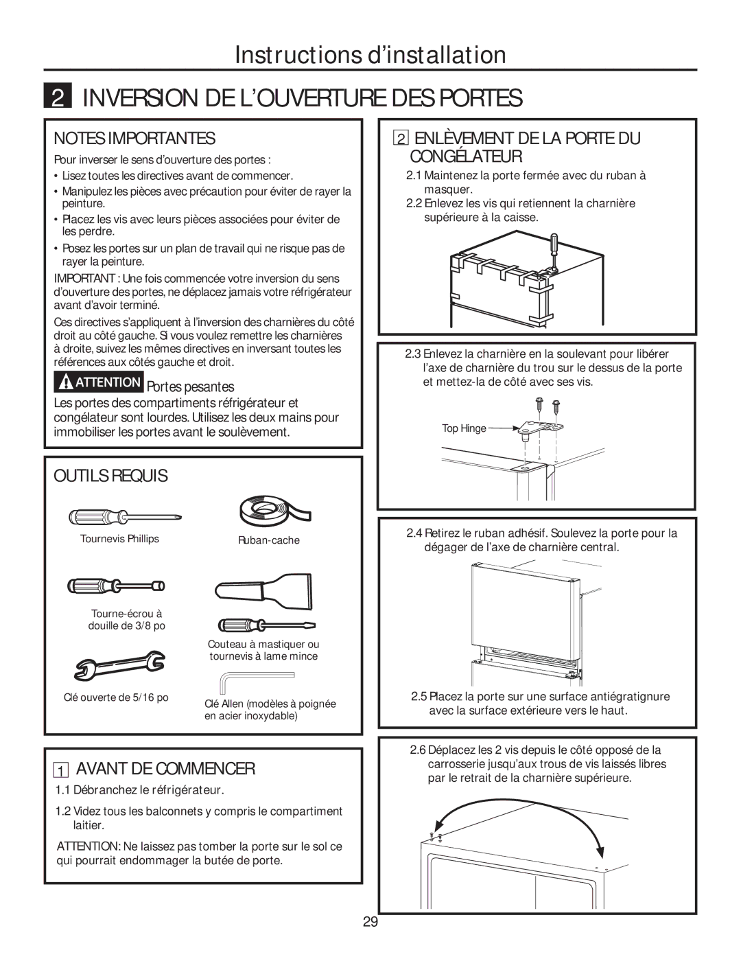 GE GTE18GTHWW, GTE18GTHBB Inversion DE L’OUVERTURE DES Portes, Outils Requis Enlèvement DE LA Porte DU Congélateur 