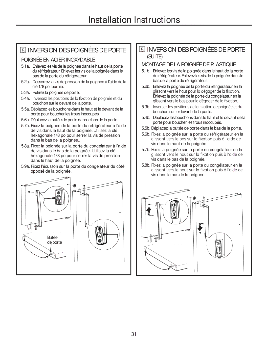 GE GTE18GTHWW Inversion DES Poignées DE Porte, Poignée EN Acier Inoxydable, Suite Montage DE LA Poignée DE Plastique 