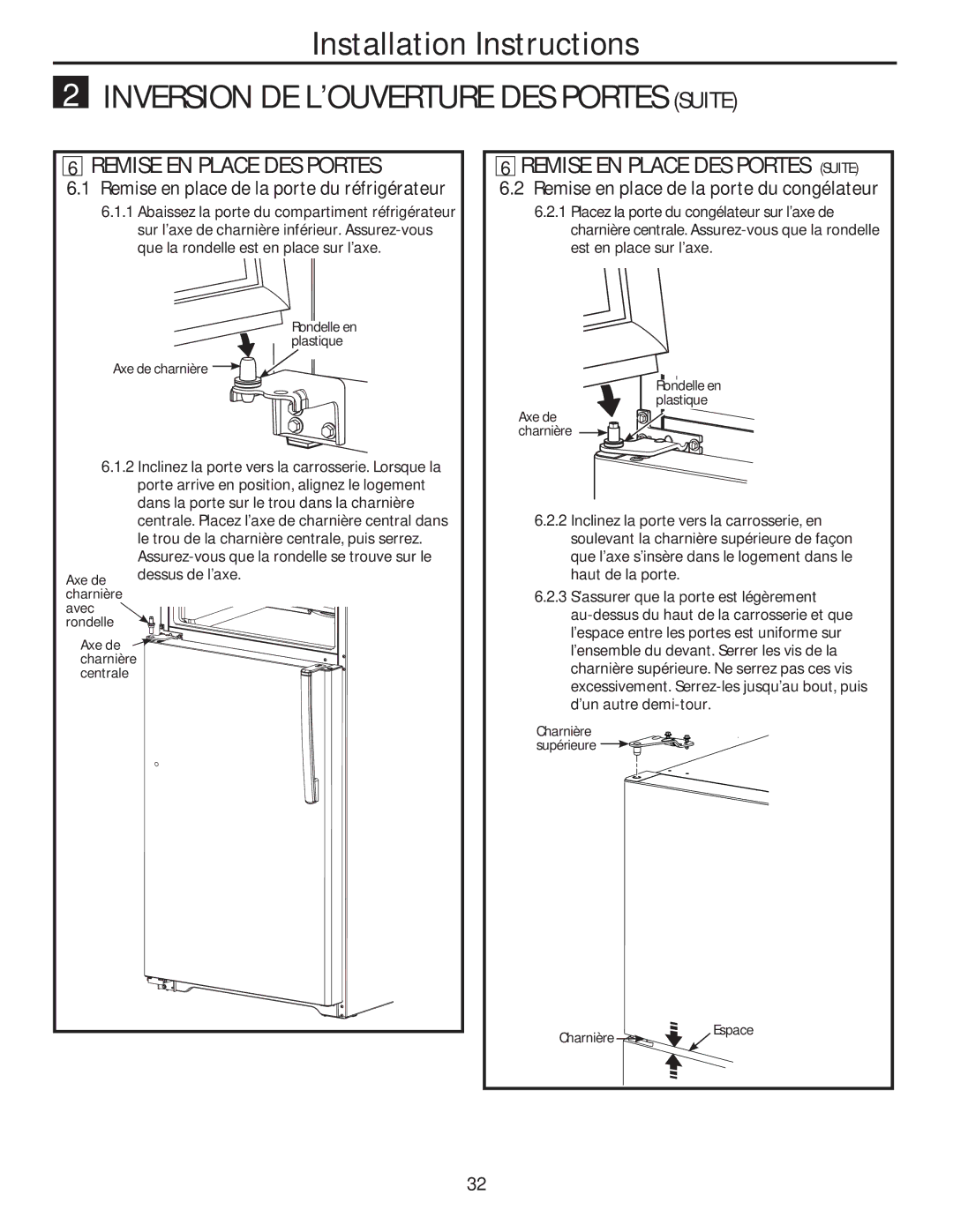 GE GTE18GTHBB Remise EN Place DES Portes Suite, Remise en place de la porte du réfrigérateur, Dessus de l’axe 
