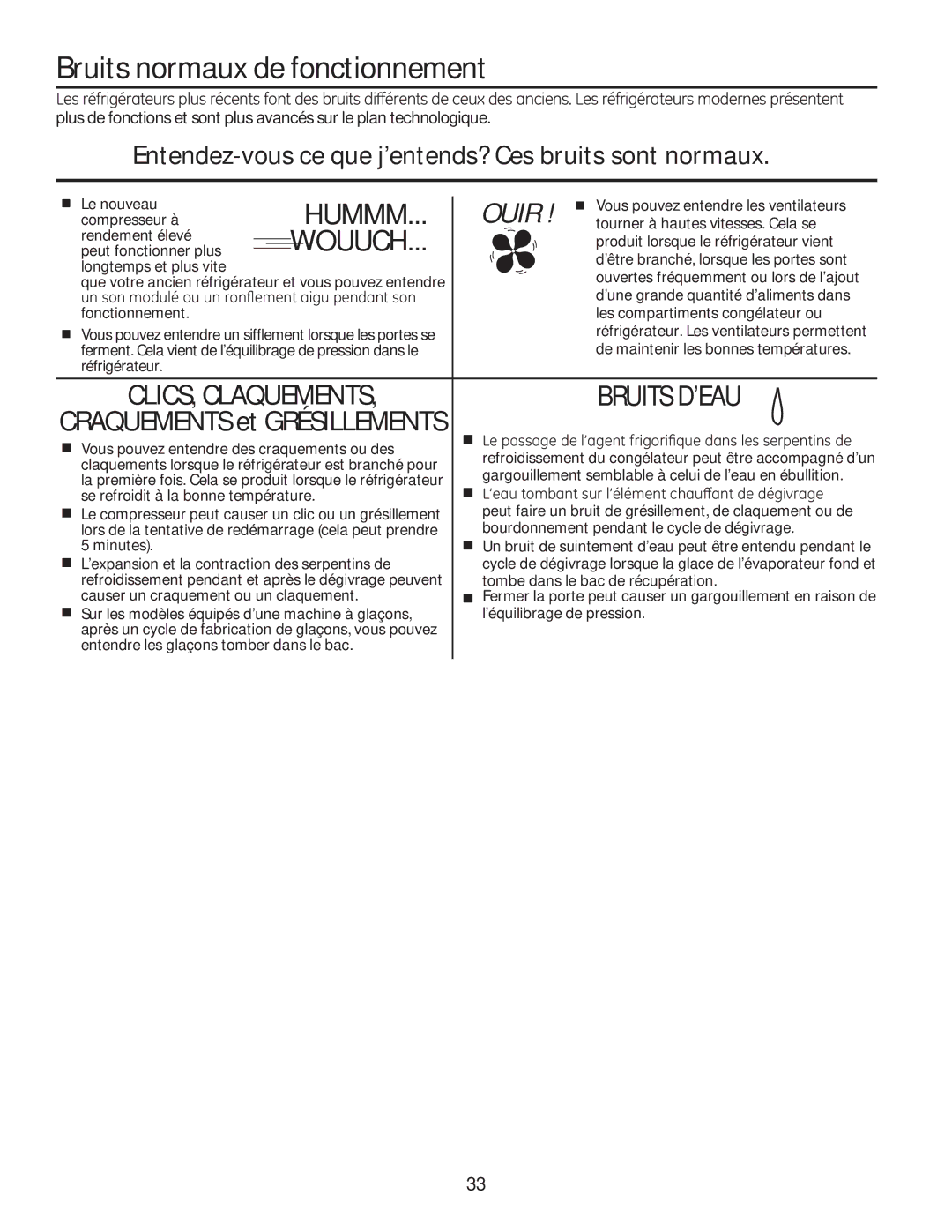 GE GTE18GTHWW, GTE18GTHBB installation instructions Bruits normaux de fonctionnement, Wouuch 