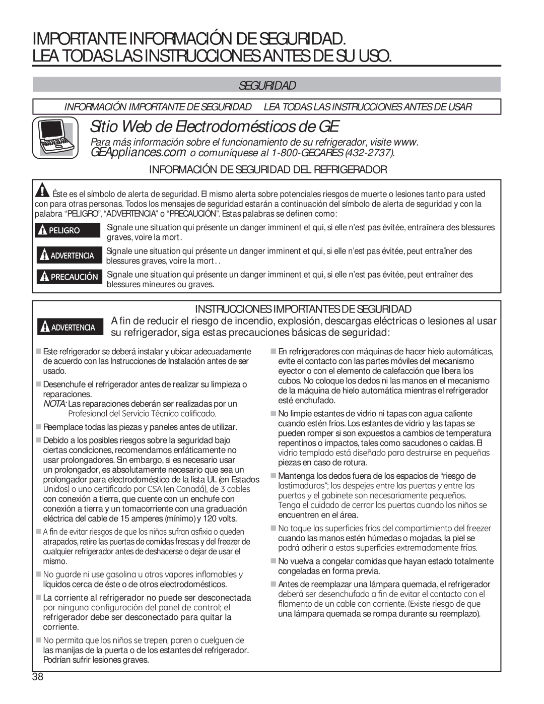 GE GTE18GTHBB, GTE18GTHWW Información DE Seguridad DEL Refrigerador, Instrucciones Importantes DE Seguridad 