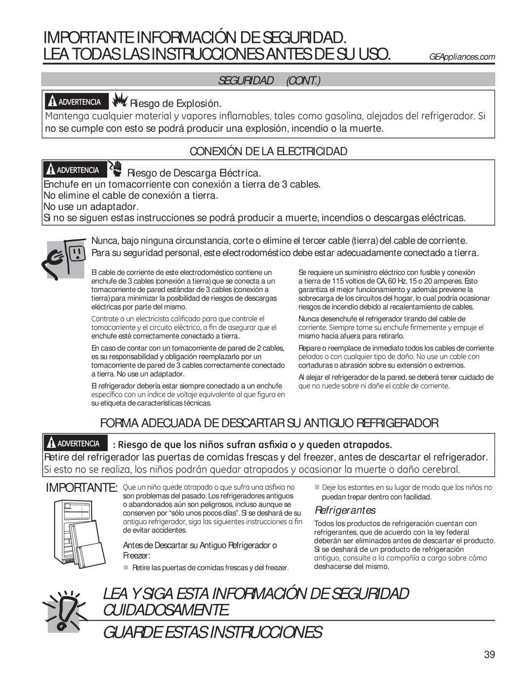 GE GTE18GTHWW, GTE18GTHBB Forma Adecuada DE Descartar SU Antiguo Refrigerador, Riesgo de Descarga Eléctrica 