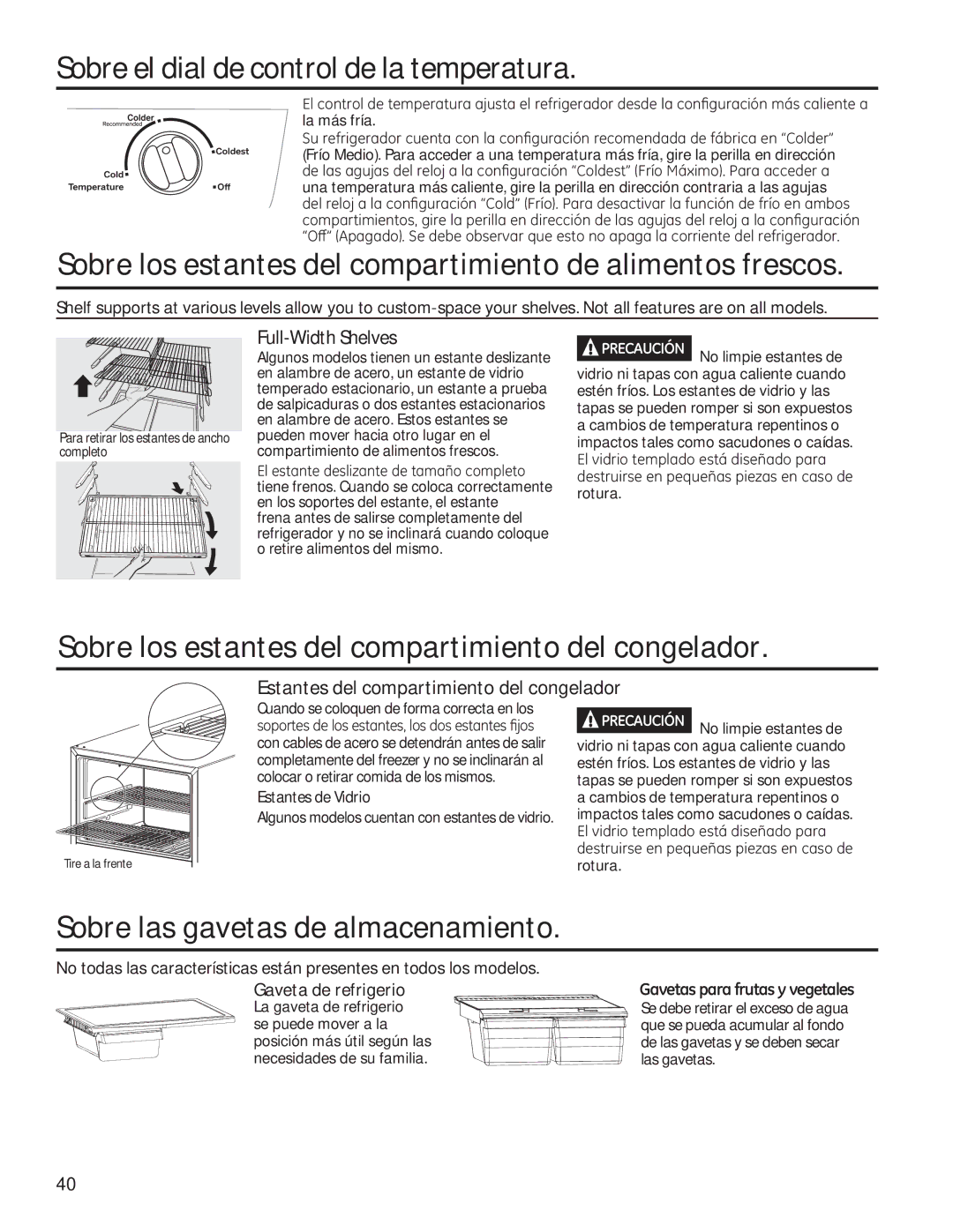 GE GTE18GTHBB Sobre el dial de control de la temperatura, Sobre los estantes del compartimiento de alimentos frescos 