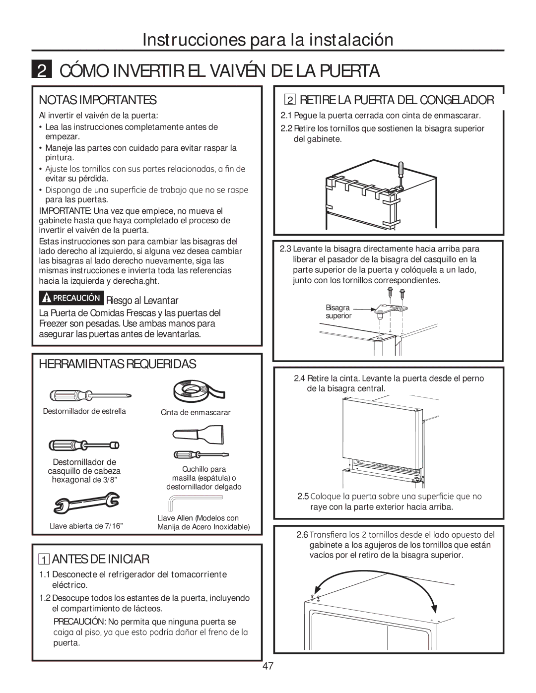 GE GTE18GTHWW, GTE18GTHBB Cómo Invertir EL Vaivén DE LA Puerta, Notas Importantes, Herramientas Requeridas 
