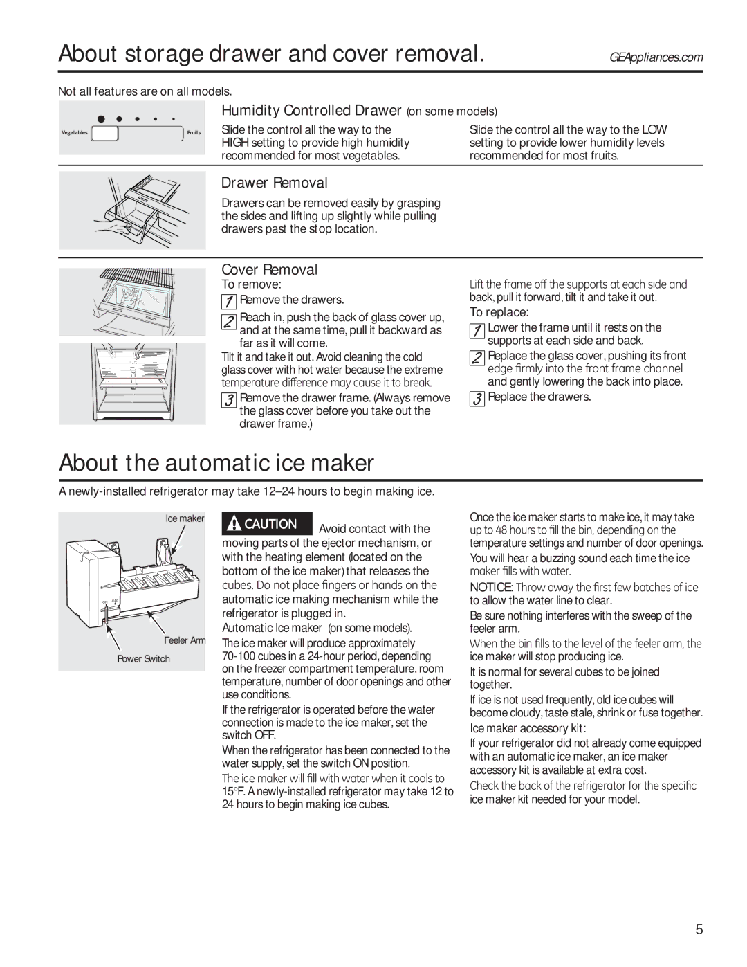 GE GTE18GTHWW About the automatic ice maker, Humidity Controlled Drawer on some models, Drawer Removal, Cover Removal 